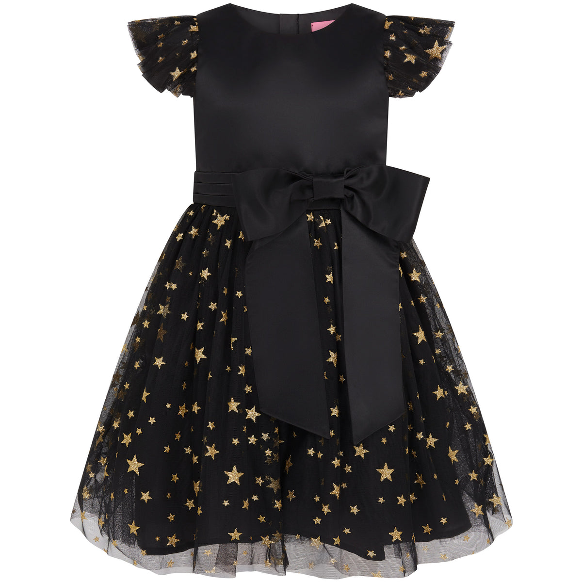 Stella Satin & Gold Star Girls Party Dress Black & Gold | Holly Hastie London