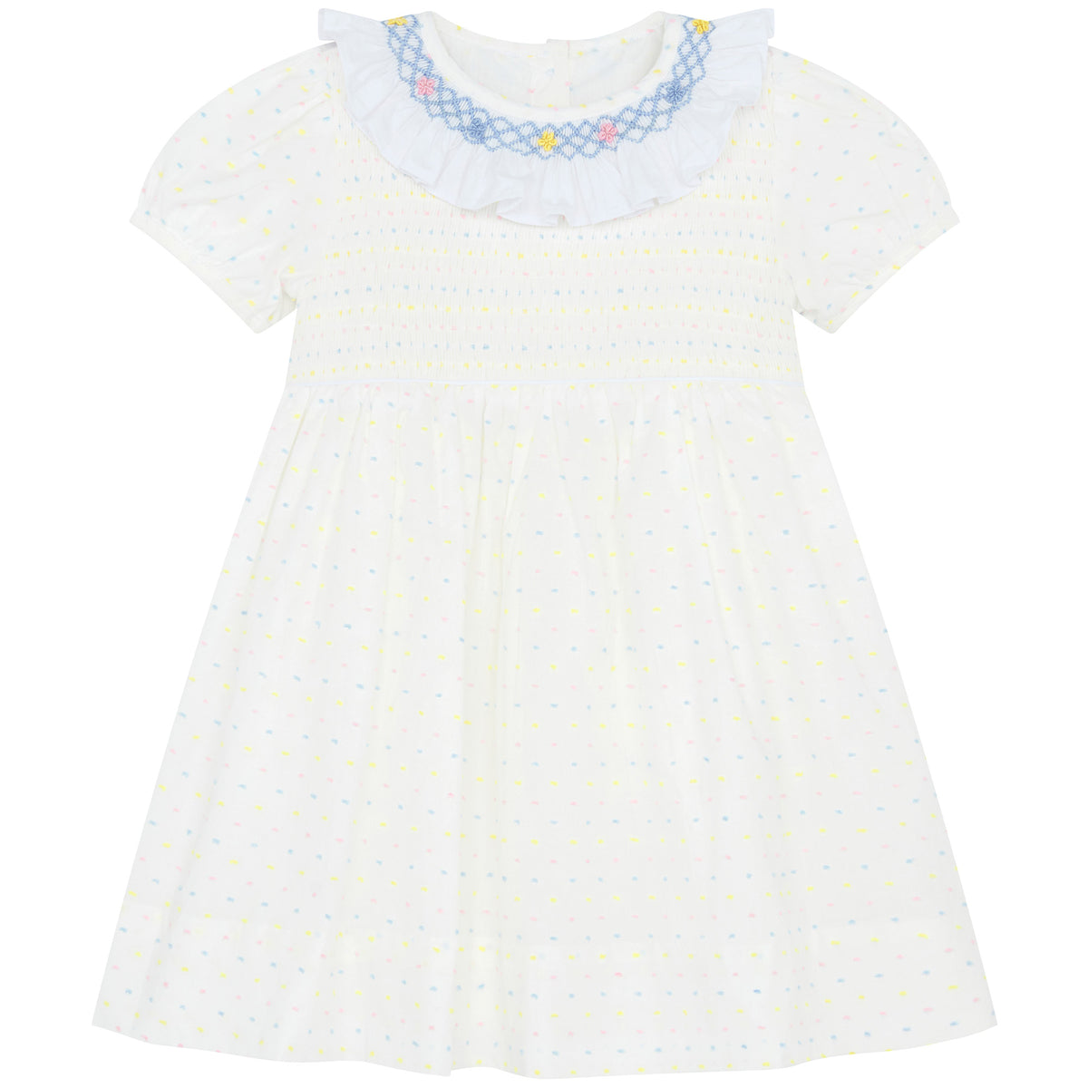 Little Princess Anne Hand Smocked Embroidered Dot Cotton Girls Dress White Pink | Holly Hastie London