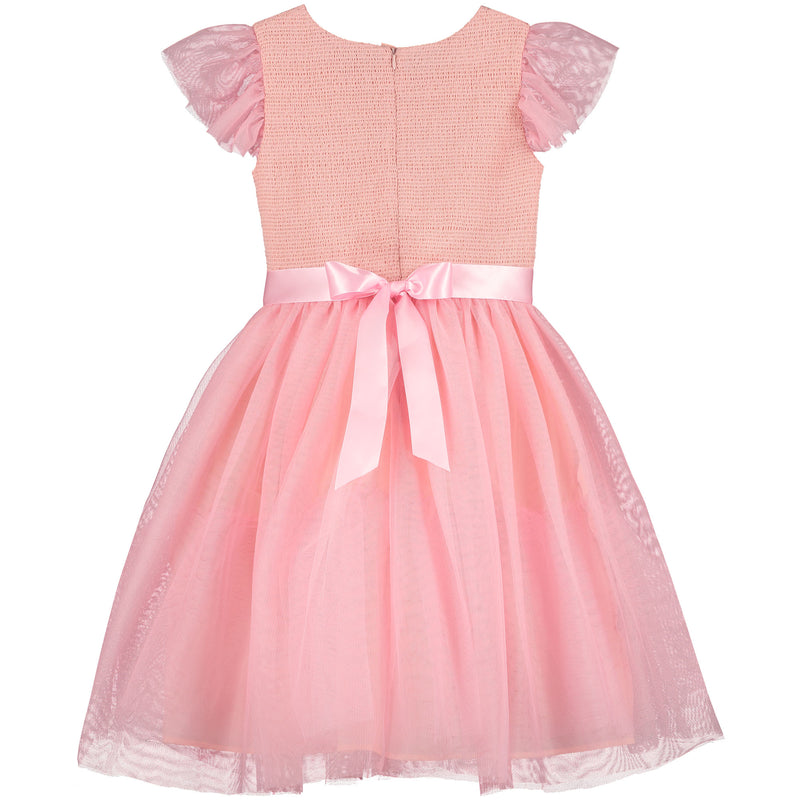 Smocked & Embroidered Tulle Girls Occasion Dress Sugar Pink | Holly Hastie London