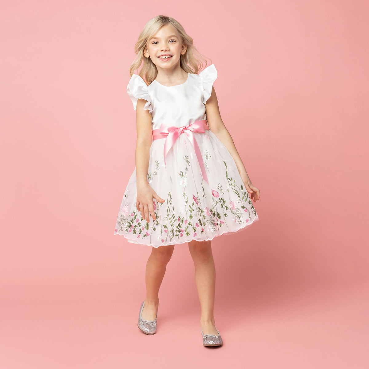 Garden Floral Girls Party Dress, White & Pink | Holly Hastie London