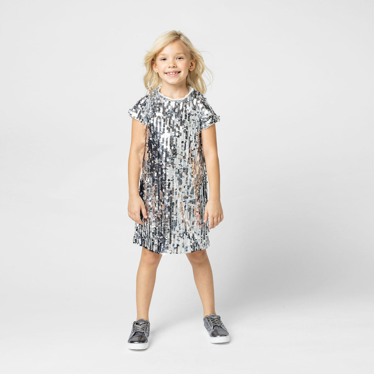 Coco Sequin Girls Party Dress, Silver