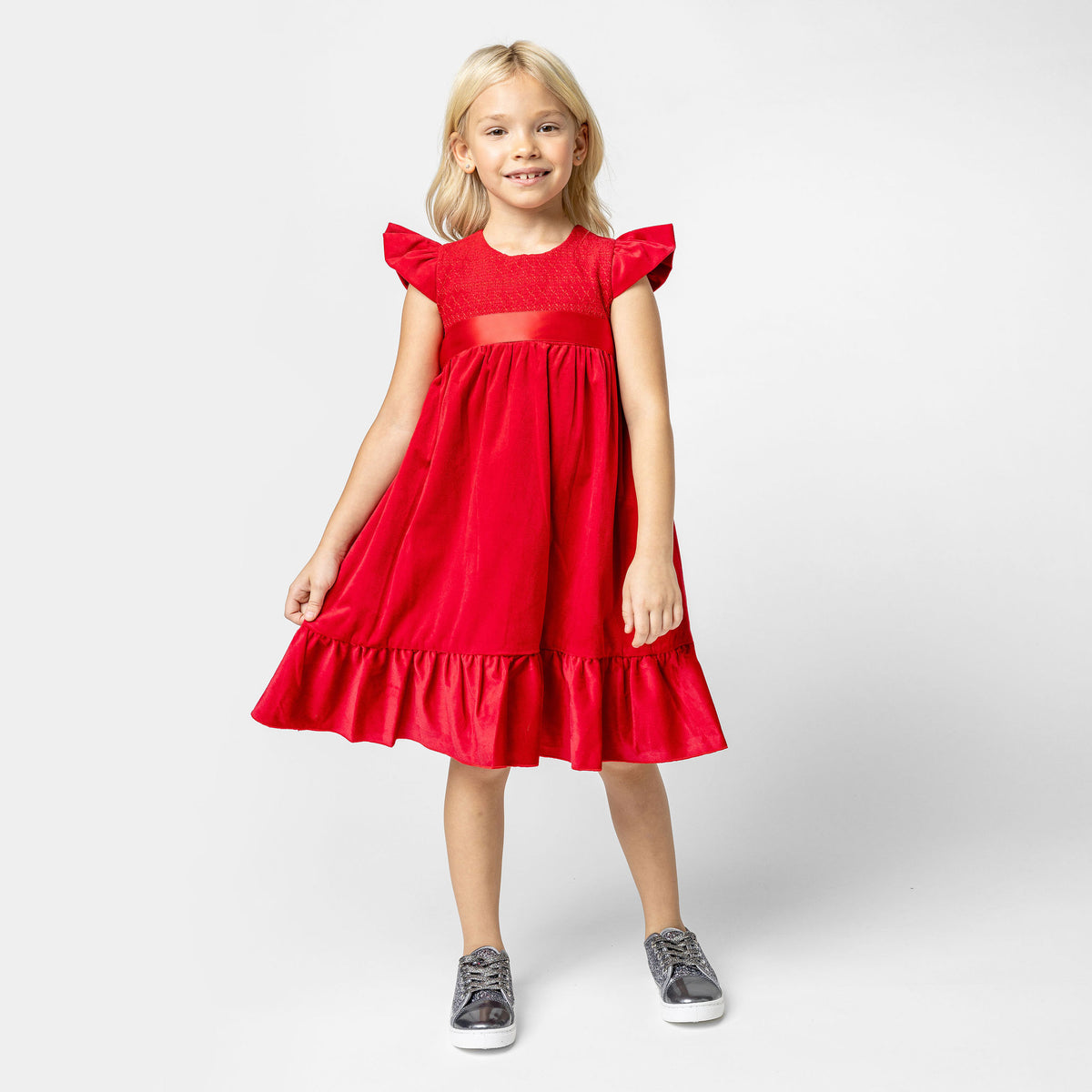 Poppy Smocked Velvet Girls Party Dress, Red