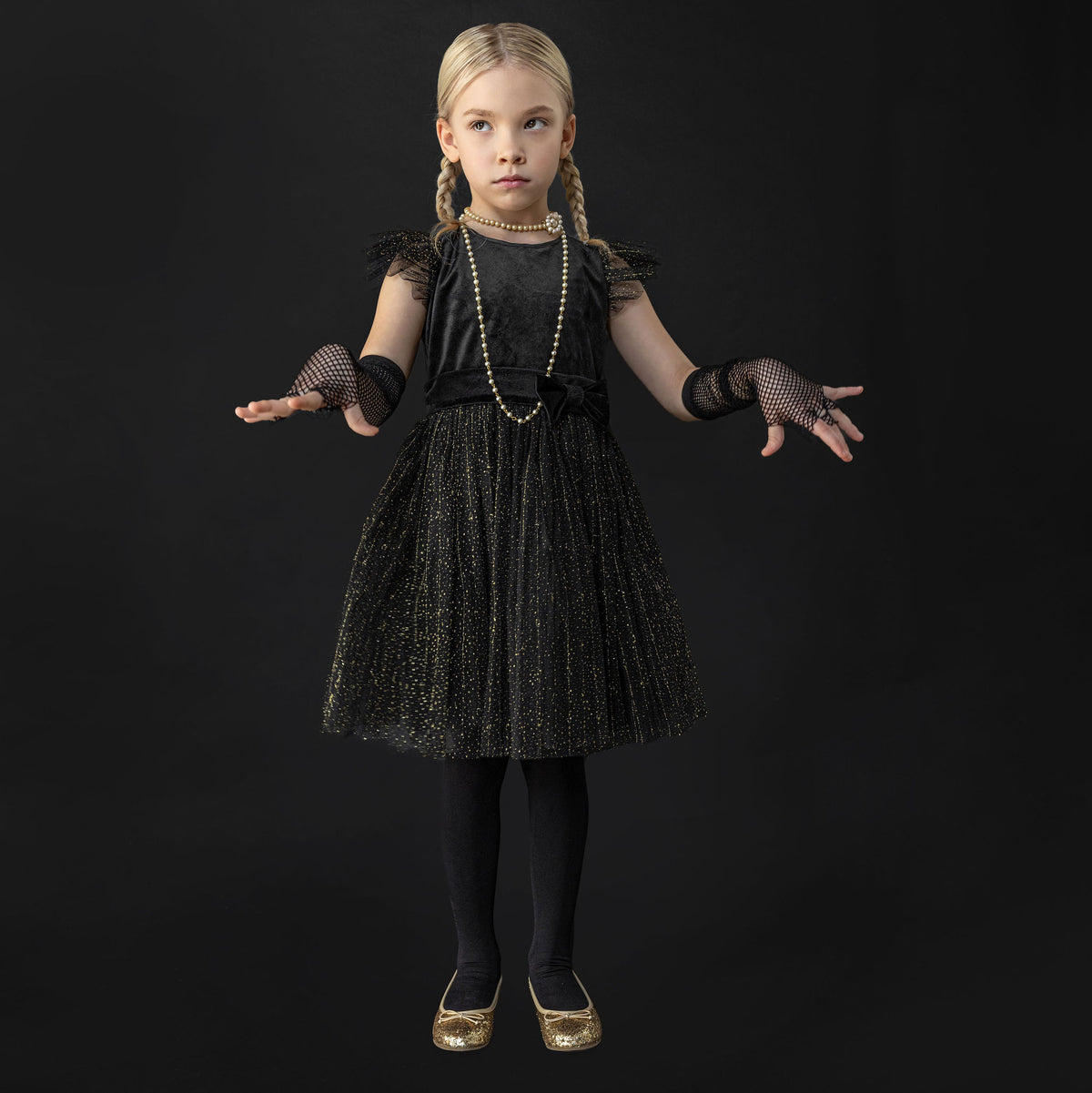 Wednesday Velvet & Glitter Tulle Girls Party Dress, Black