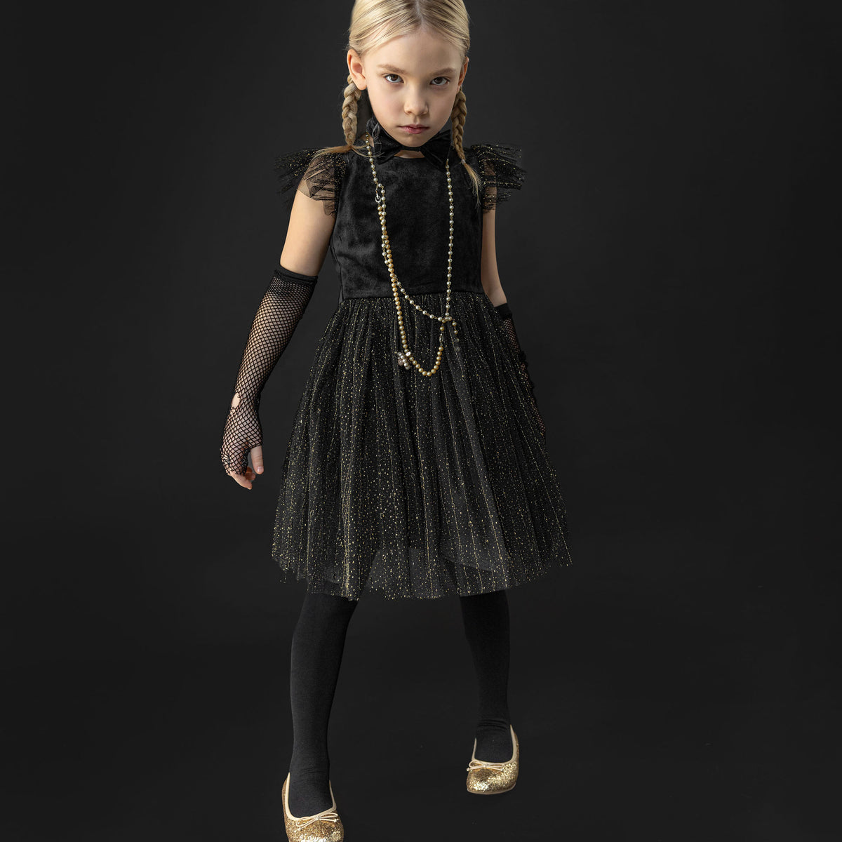 Wednesday Velvet & Glitter Tulle Girls Party Dress, Black