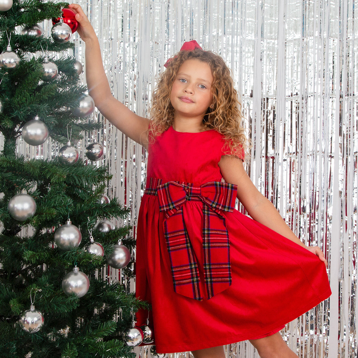 Ailsa Velvet & Plaid Bow Girls Party Dress, Red