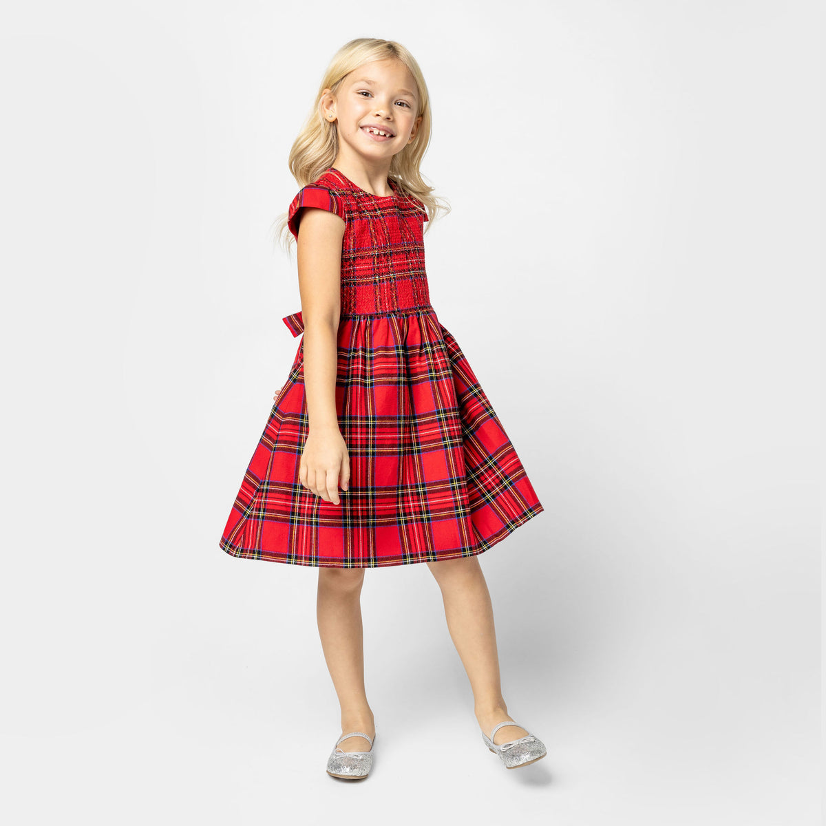 Bonnie Plaid Cotton Smocked Girls Party Dress Red | Holly Hastie London