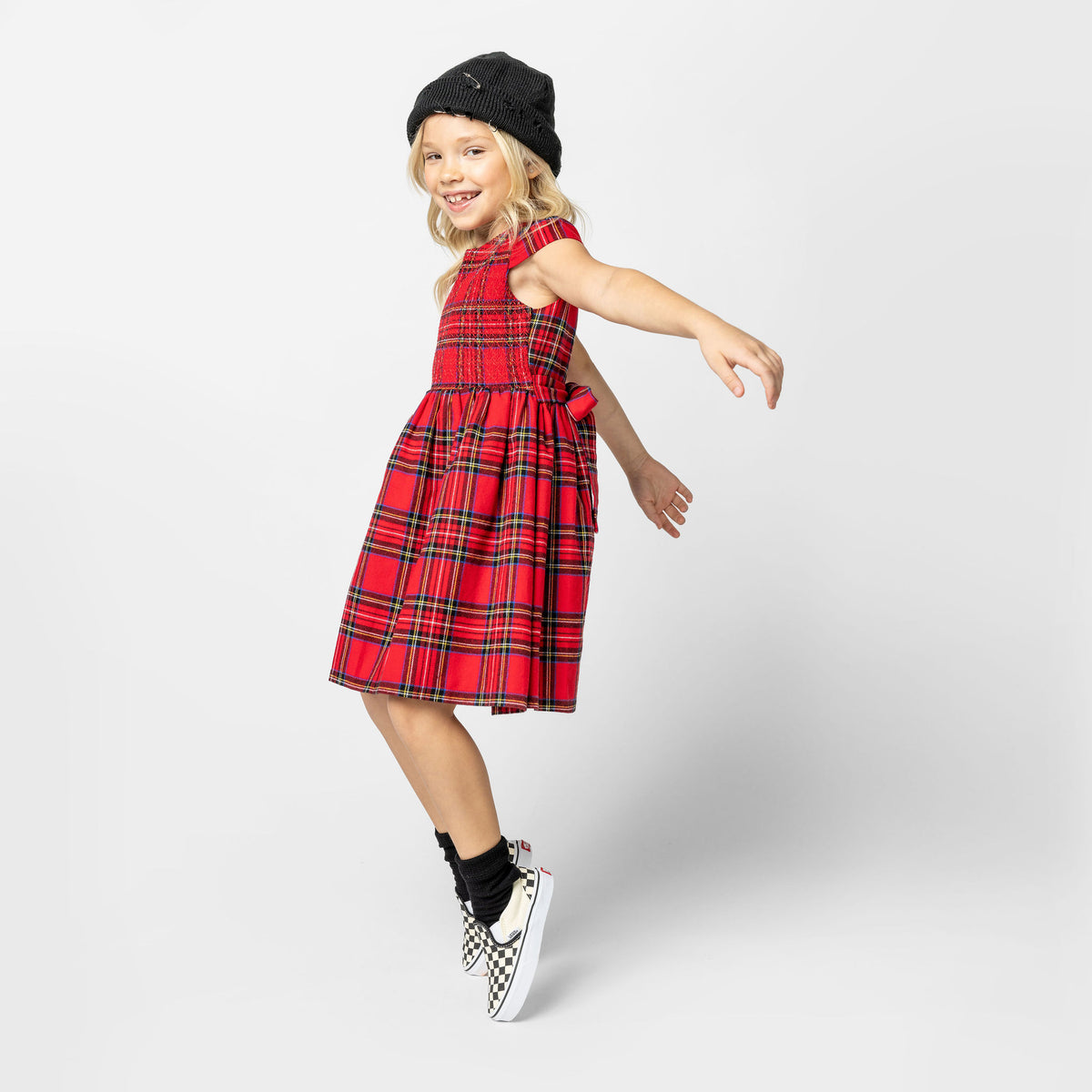 Bonnie Plaid Cotton Smocked Girls Party Dress Red | Holly Hastie London