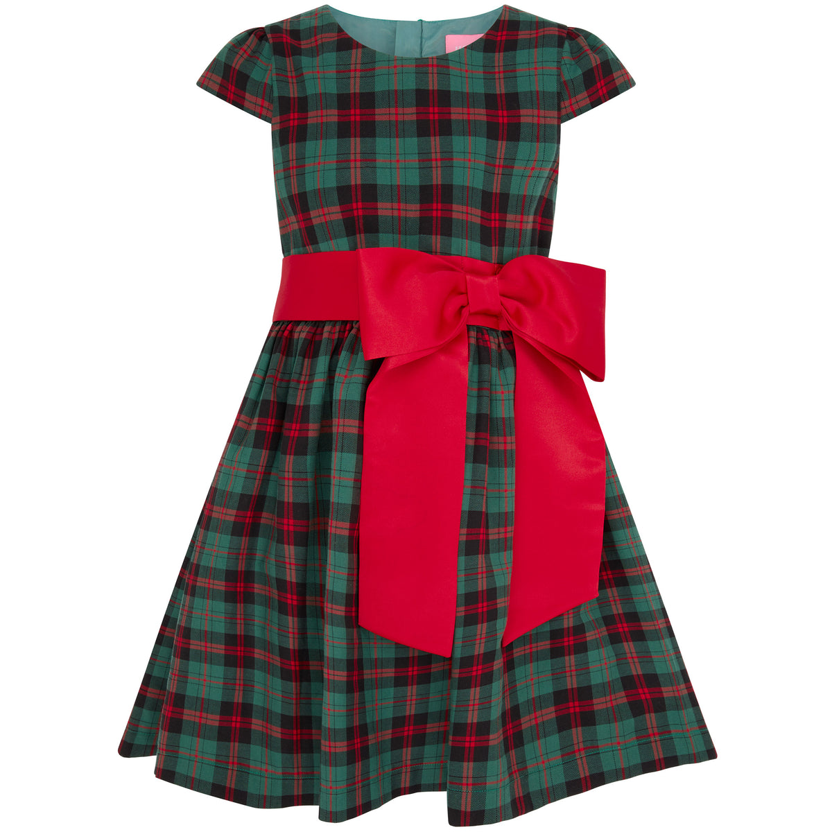 Cameron Plaid & Satin Bow Girls Party Dress Green & Red | Holly Hastie London