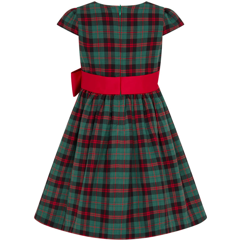 Cameron Plaid & Satin Bow Girls Party Dress Green & Red | Holly Hastie London