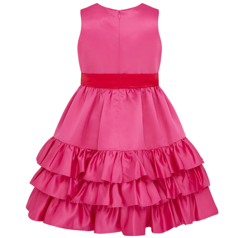 Poppy Bow & Frill Satin Girls Party Dress Pink & Red | Holly Hastie London