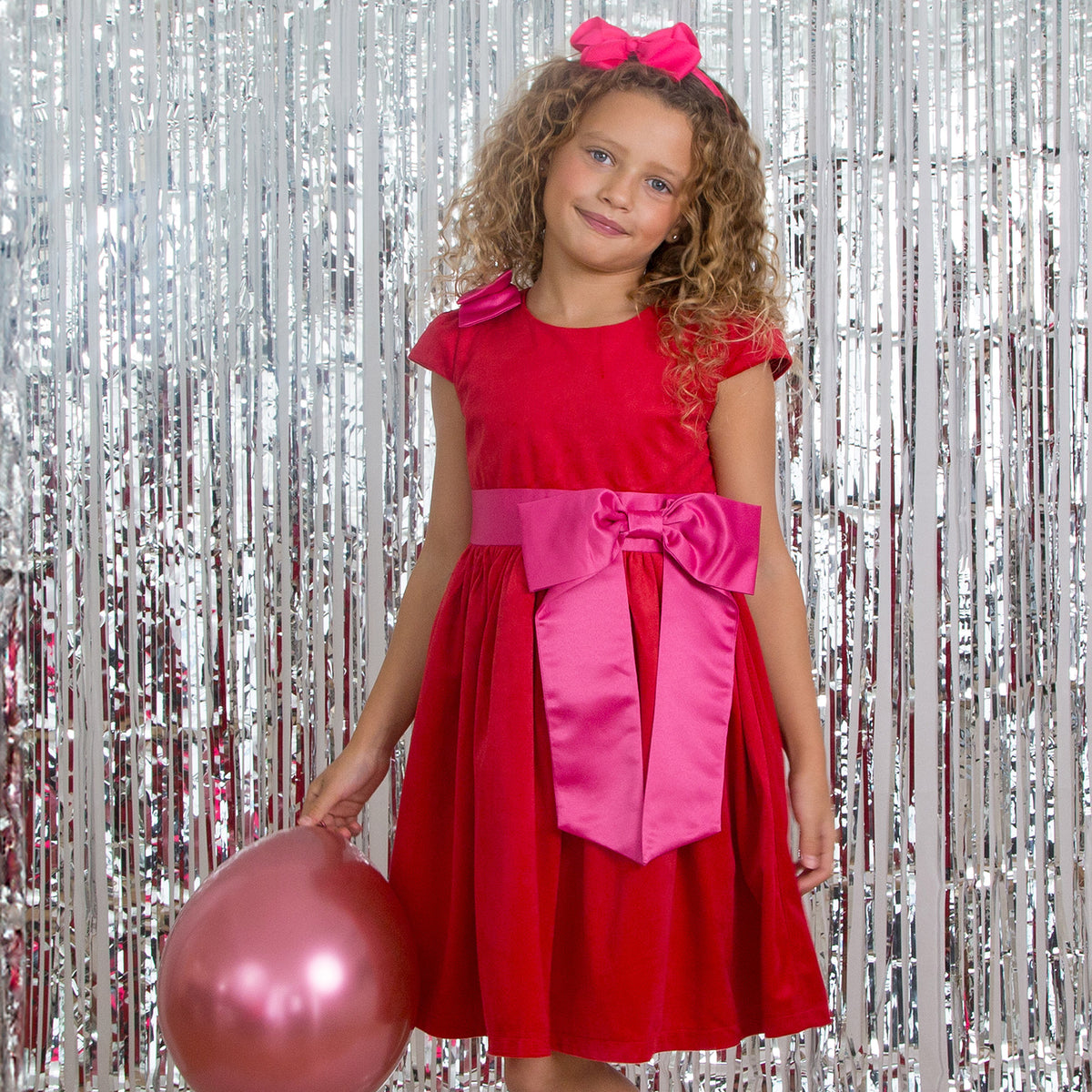 Rosie Velvet & Satin Bow Girls Party Dress, Red & Pink