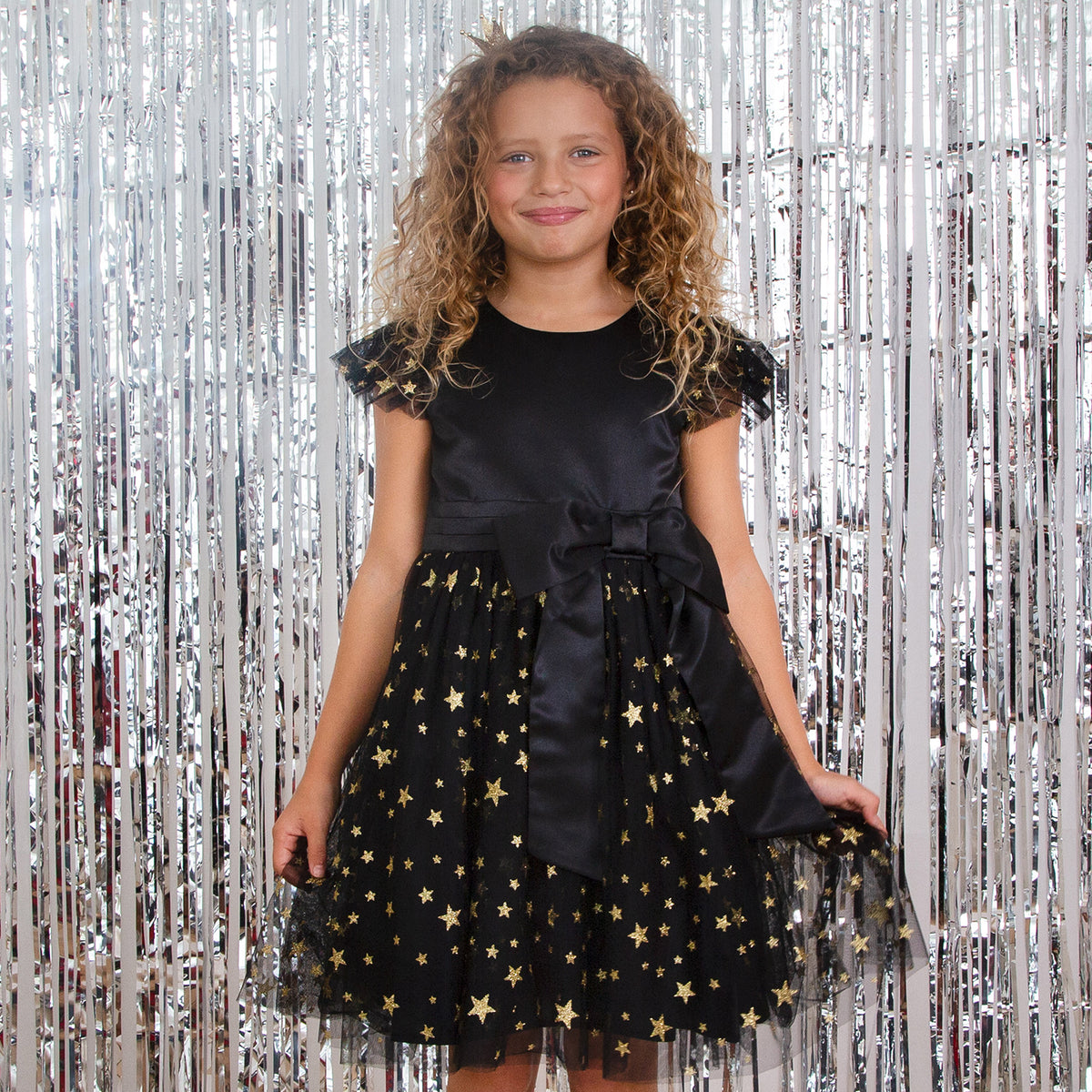 Stella Satin & Gold Star Girls Party Dress Black & Gold | Holly Hastie London Holly Hastie | Girls Fashion Stella Satin & Gold Star Girls Party Dress Black & Gold | Holly Hastie London Holly Hastie | Girls Fashion
