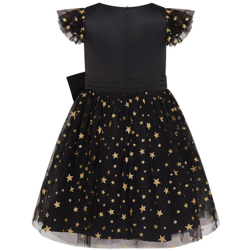 Stella Satin & Gold Star Girls Party Dress Black & Gold | Holly Hastie London