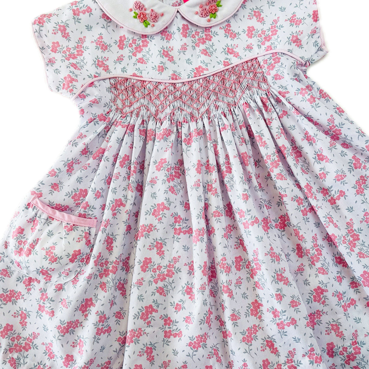 Lilibet Hand Smocked Embroidered Baby Dress Pink | Holly Hastie London
