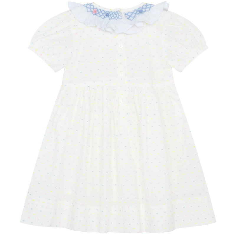 Little Princess Anne Hand Smocked Embroidered Dot Cotton Girls Dress White Pink | Holly Hastie London