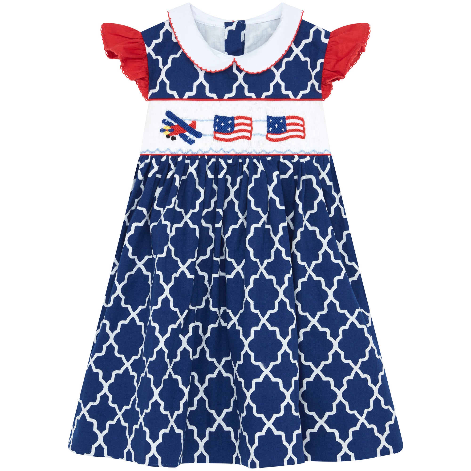 Little Princess Aurora Hand Smocked Embroidered Flags Cotton Girls Dress Navy Red White Holly Hastie London Holly Hastie Girls Fashion