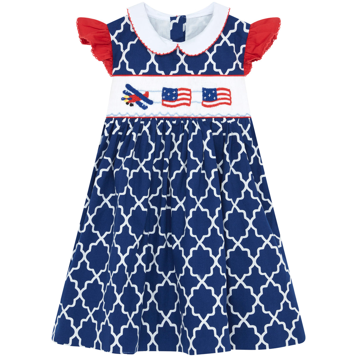 Little Princess Aurora Hand Smocked Embroidered Flags Cotton Girls Dress Navy Red White | Holly Hastie London