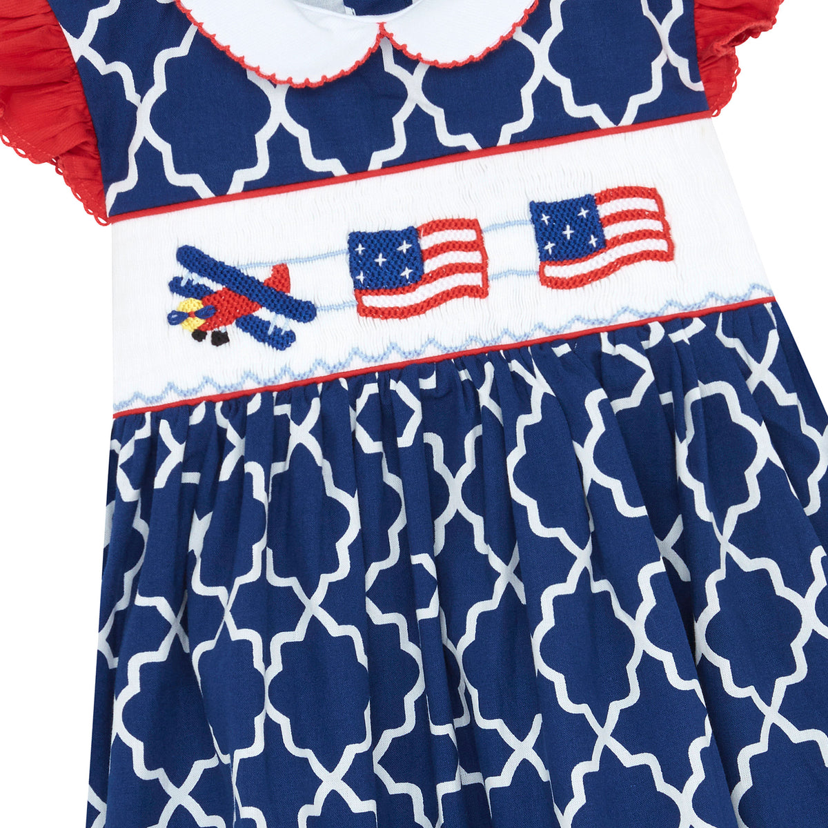 Little Princess Aurora Hand Smocked Embroidered Flags Cotton Girls Dress Navy Red White | Holly Hastie London