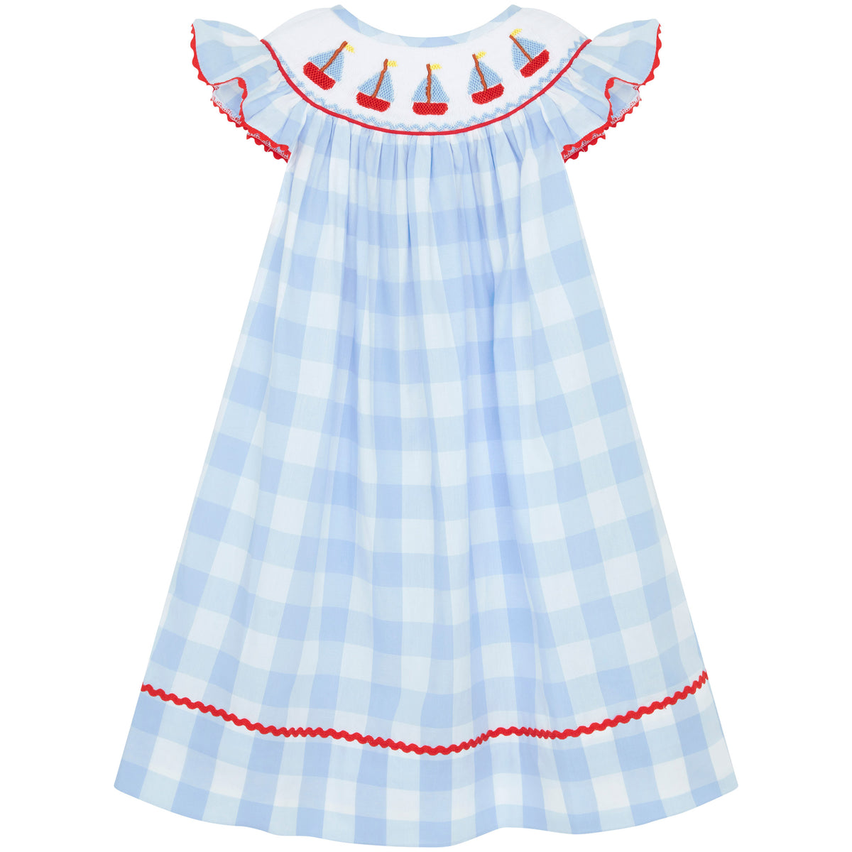 Little Princess Bella Hand Smocked Embroidered Sails Cotton Baby Dress Blue White Red | Holly Hastie London