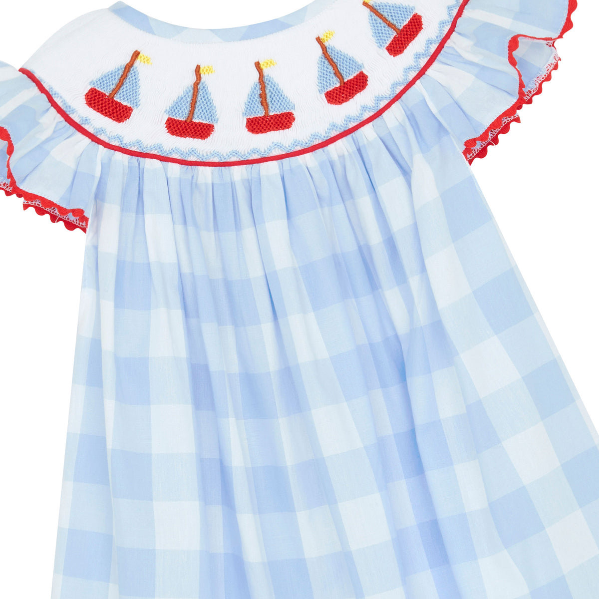 Little Princess Bella Hand Smocked Embroidered Sails Cotton Baby Dress Blue White Red | Holly Hastie London