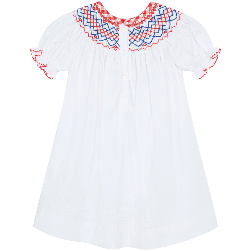 Little Princess Ella Hand Smocked Embroidered Cotton Girls Dress White Red Blue | Holly Hastie London