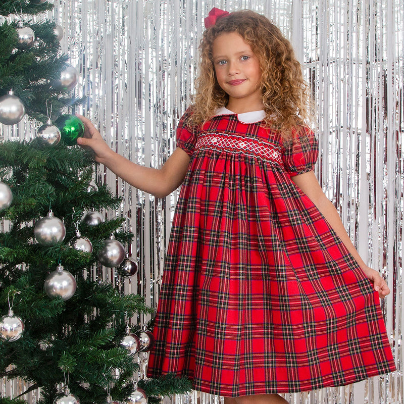 Lottie Hand Smocked Plaid Dress, Red | Holly Hastie London