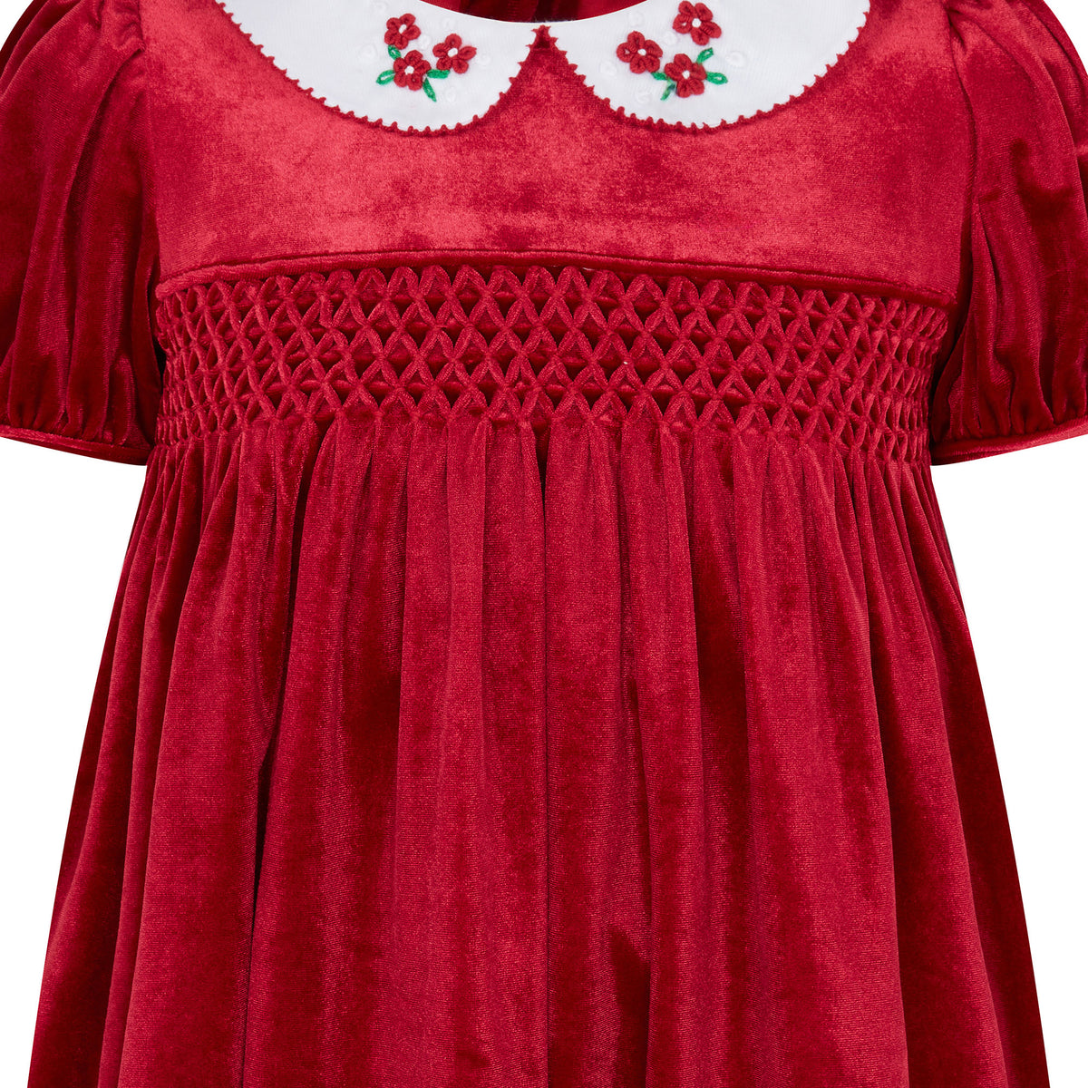 Little Princess Cherry Hand Smocked Velvet Baby Dress Red | Holly Hastie London