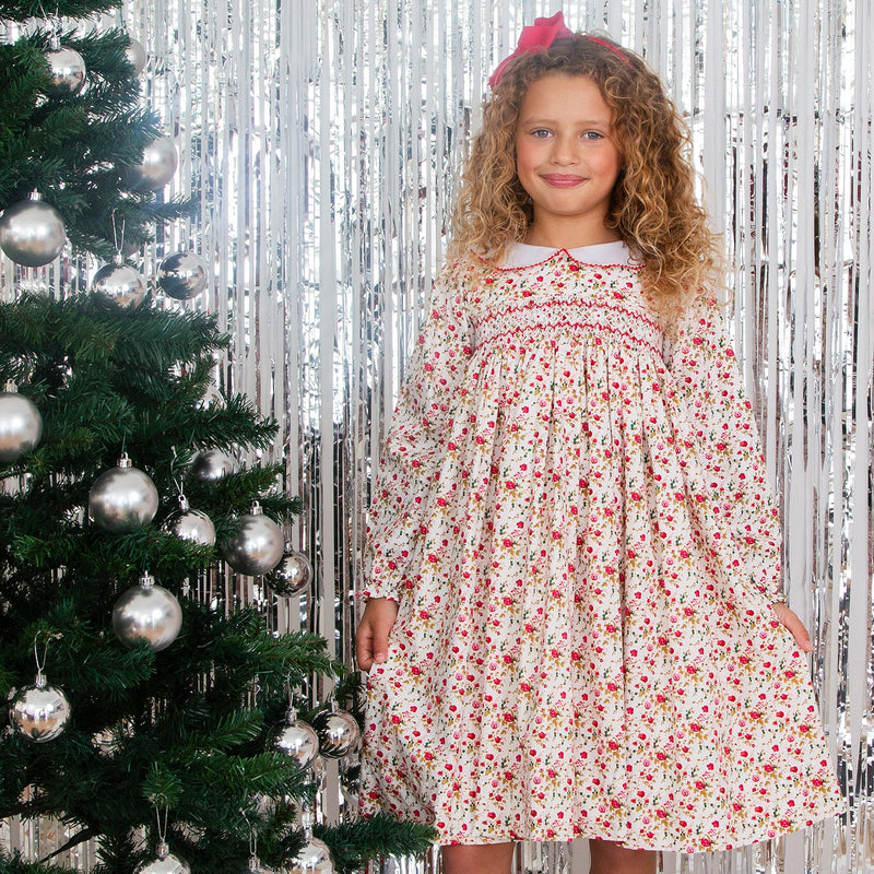 Flora Hand Smocked Floral  Dress, Red | Holly Hastie London
