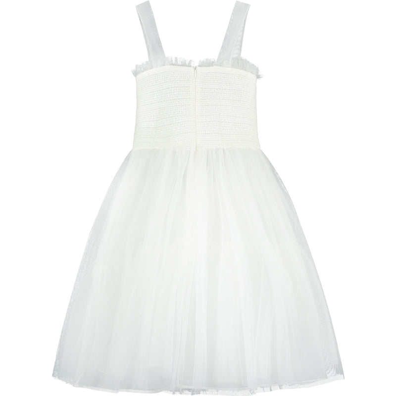 Smocked & Embroidered Tulle Girls Occasion Dress White | Holly Hastie London