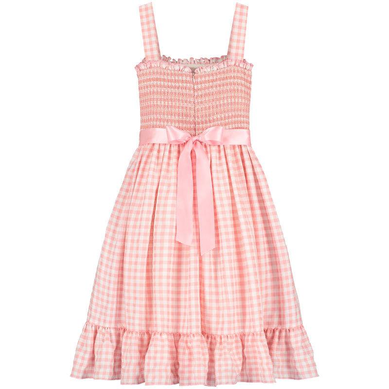 Smocked & Embroidered Gingham Check Girls Party Dress Pink | Holly Hastie London