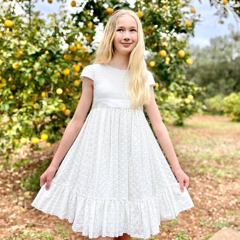 Smocked & Embroidered Cotton Spot Girls Occasion Dress White | Holly Hastie London