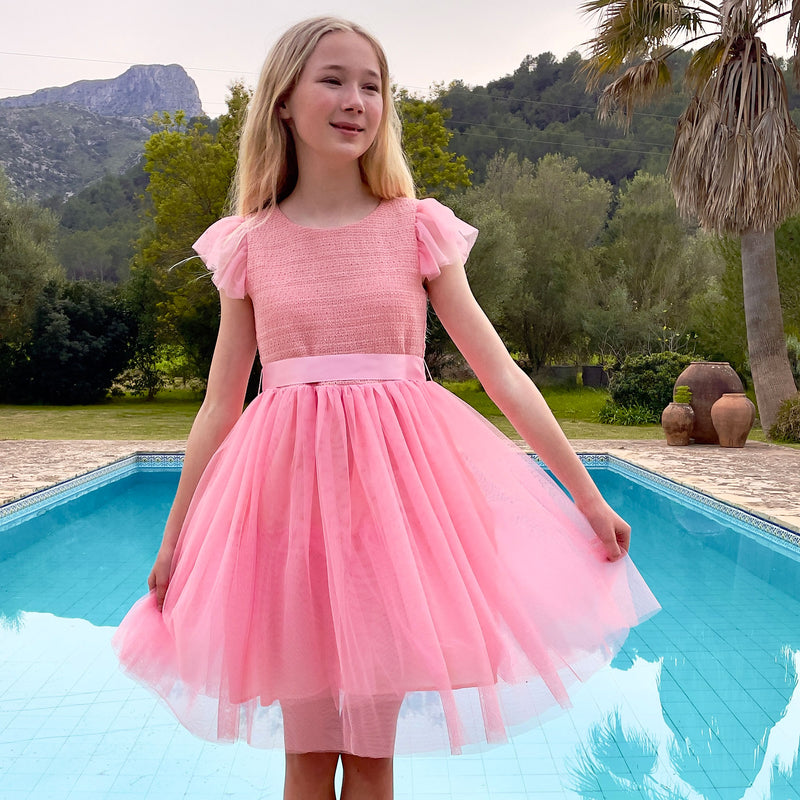 Smocked & Embroidered Tulle Girls Occasion Dress Sugar Pink | Holly Hastie London