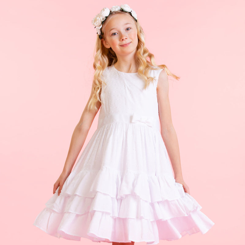 Girls Designer Arabella White Cotton Dobby Dress | Holly Hastie London 