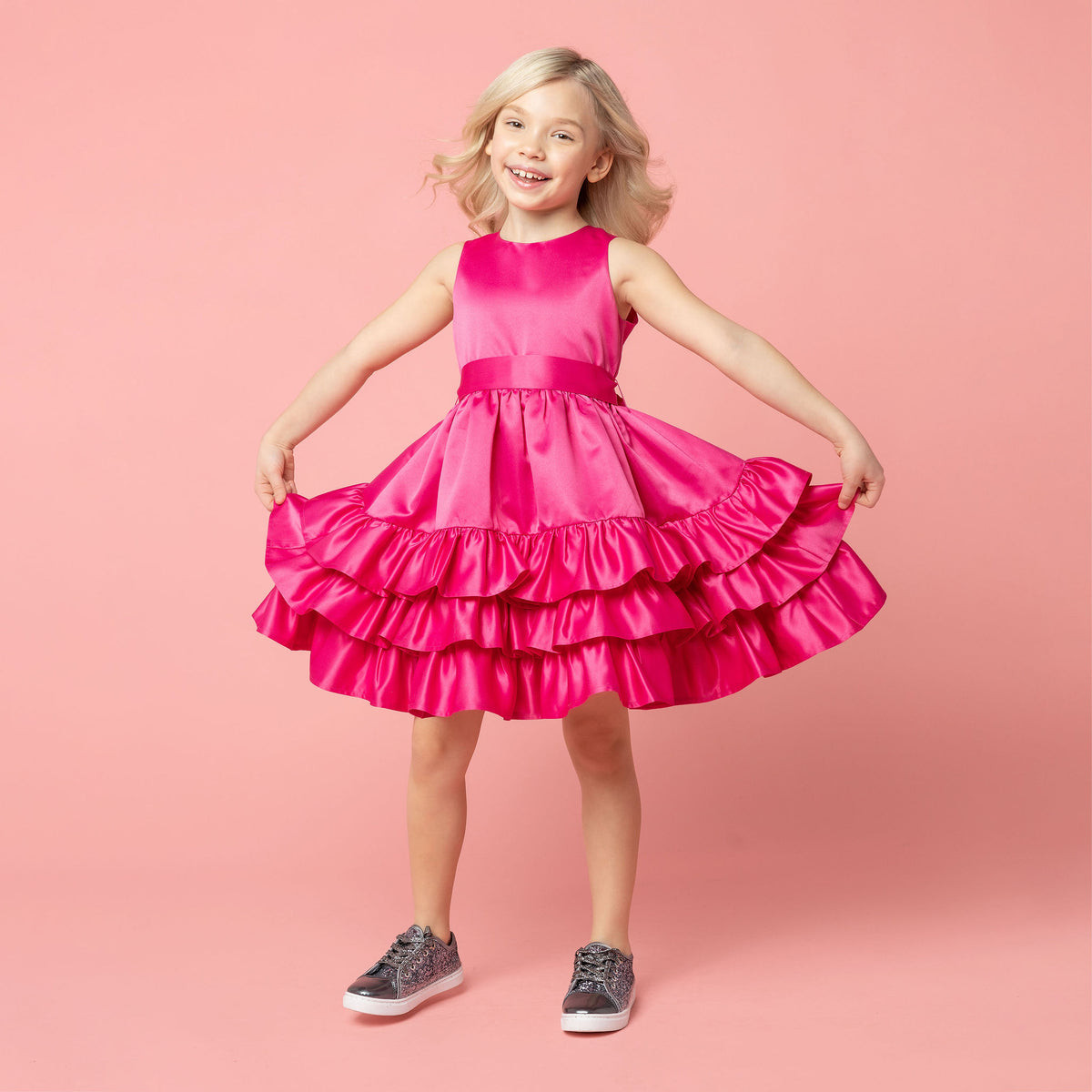 Arabella Frill Satin Girls Party Dress Pink | Holly Hastie London