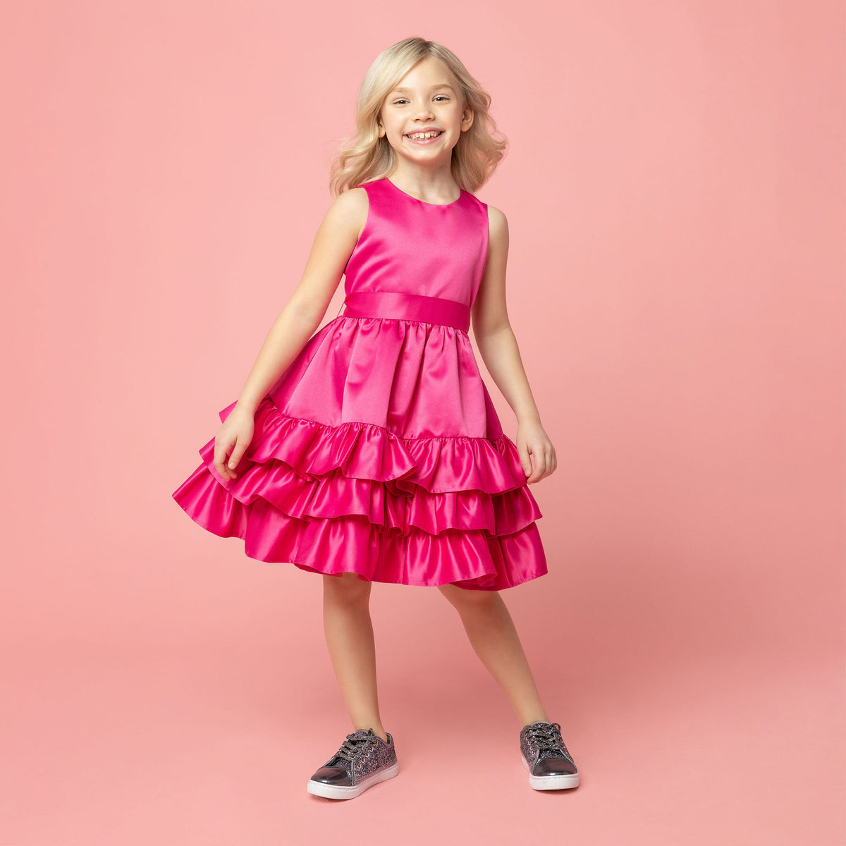 Arabella Frill Satin Girls Party Dress Pink