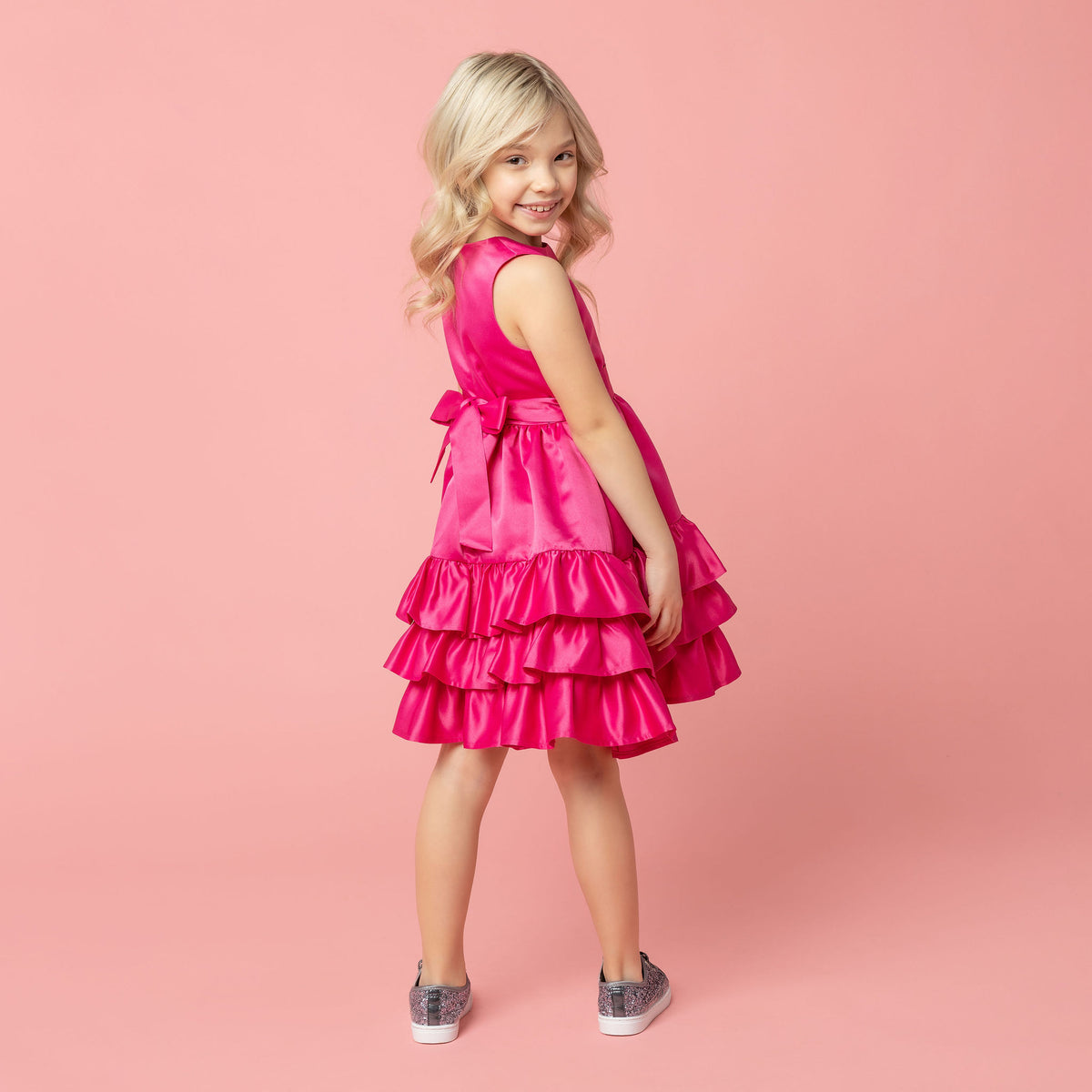 Arabella Frill Satin Girls Party Dress Pink | Holly Hastie London