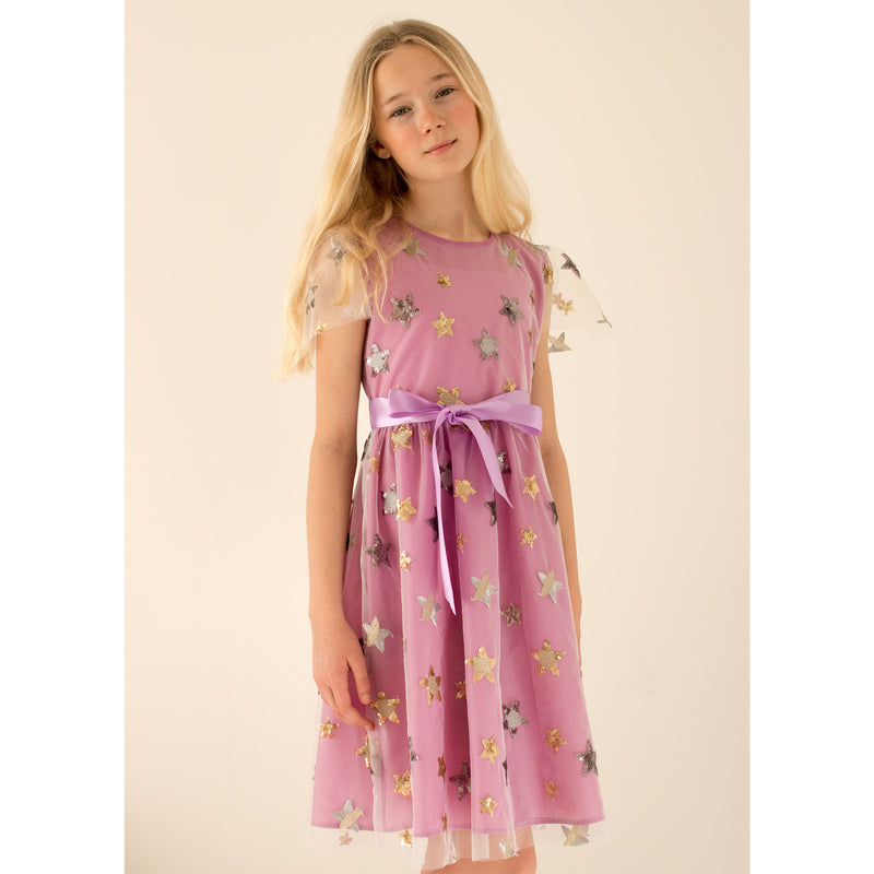 Girls Party Dress Aster Lilac Sequin Star Embroidered Tulle | Holly Hastie London