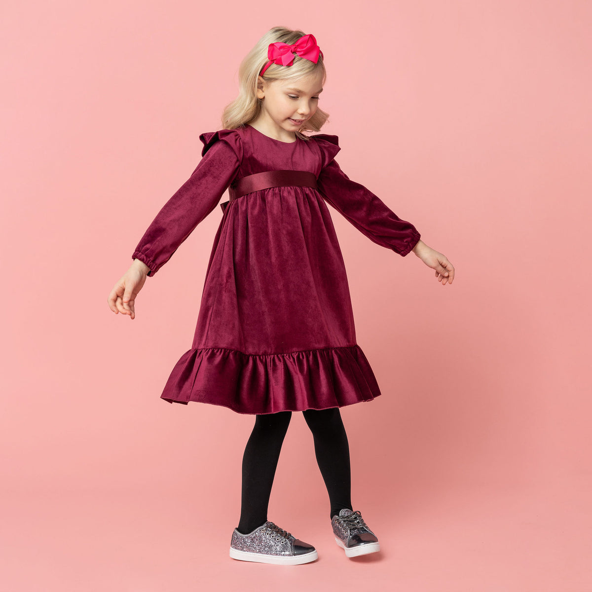 Chloe Velvet & Satin Bow Girls Party Dress Plum | Holly Hastie London