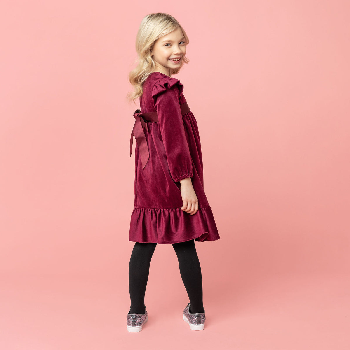 Chloe Velvet & Satin Bow Girls Party Dress Plum | Holly Hastie London