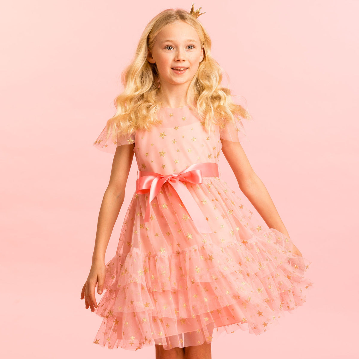 Girls Party Dress Cinderella Sugar Pink & Gold Star Tulle | Holly Hastie London