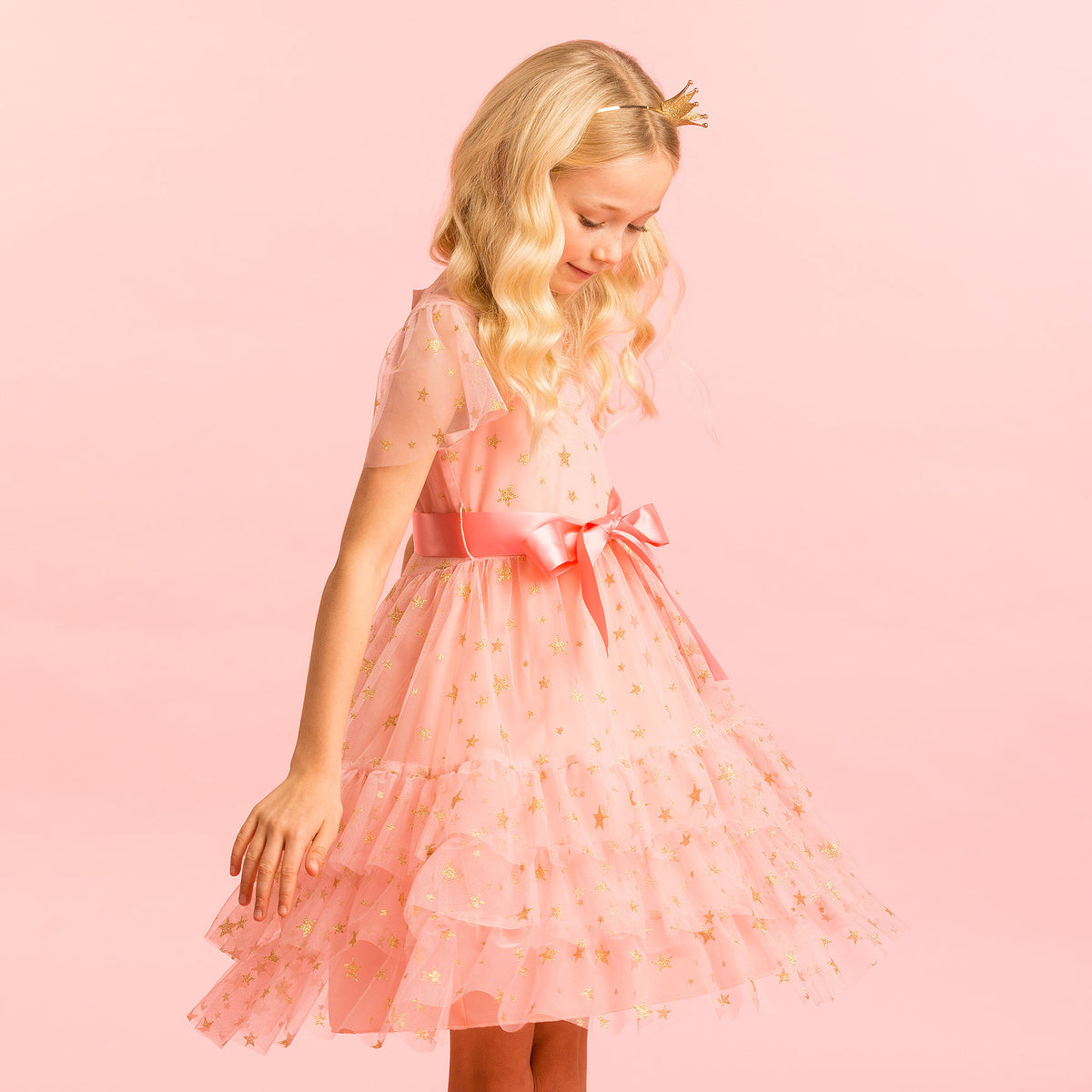 Girls Party Dress Cinderella Sugar Pink & Gold Star Tulle | Holly Hastie London