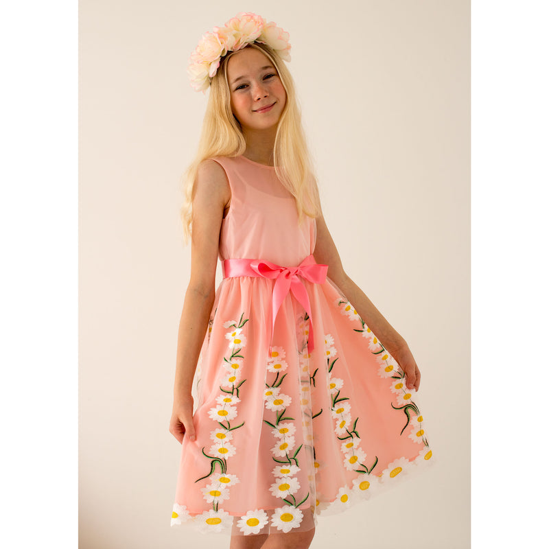 Girls Party Dress Daisy Pink Embroidered Tulle | Holly Hastie London