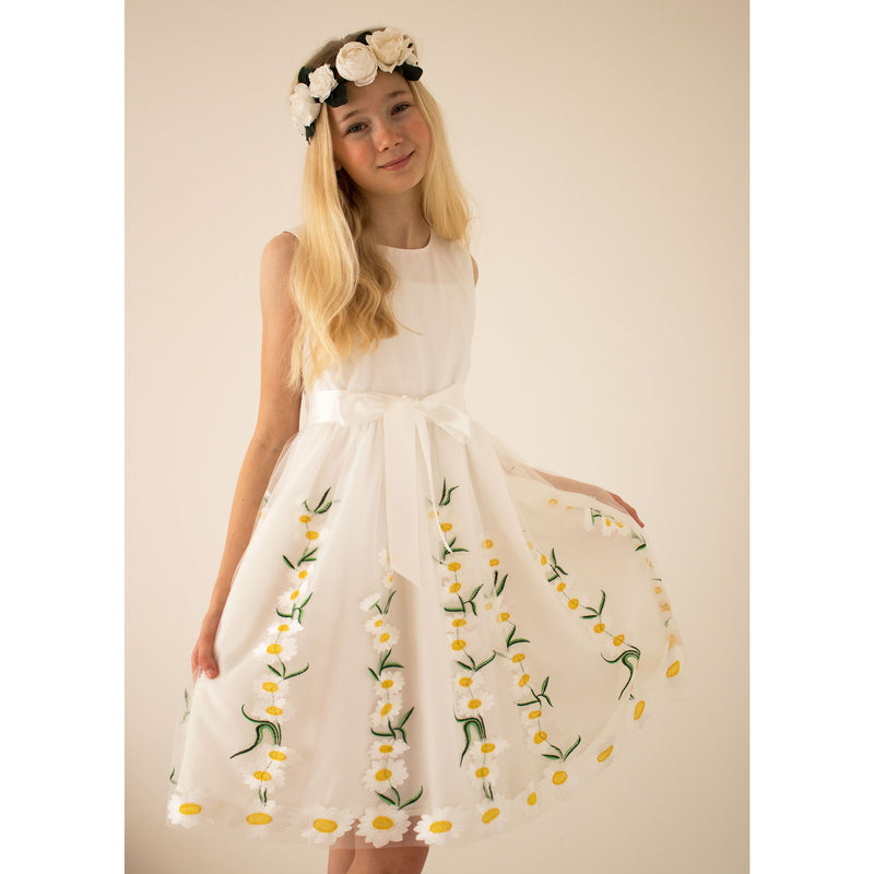 Girls Party Dress Daisy White Embroidered Tulle | Holly Hastie London