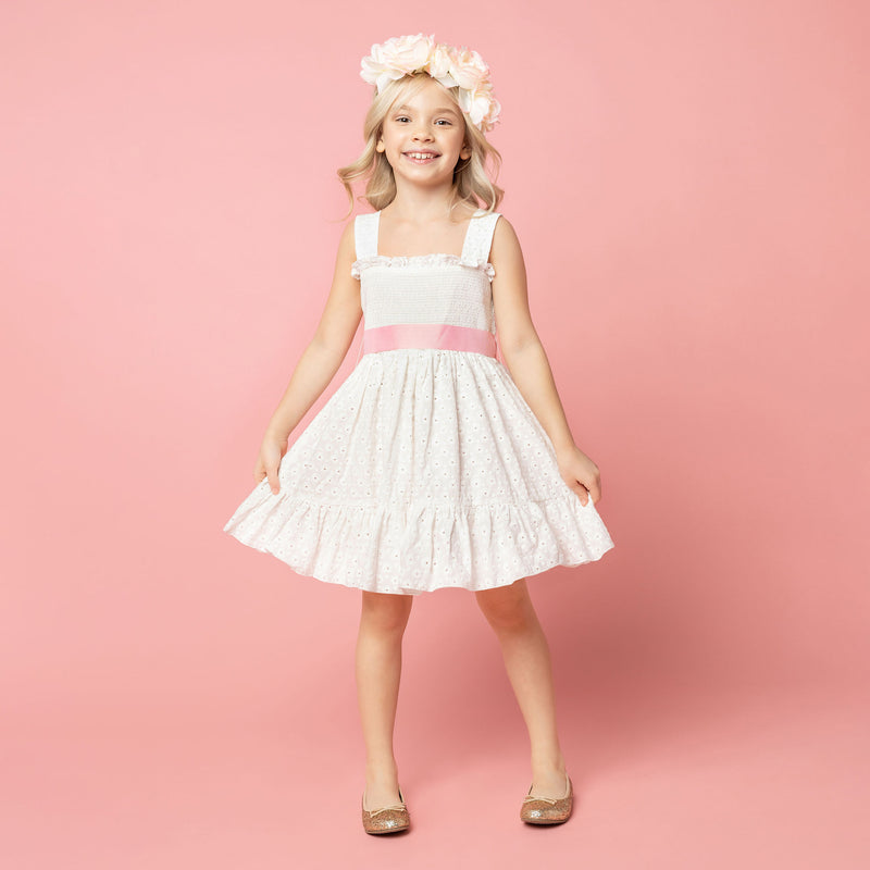 Emma Embroidered Cotton Flower Girls Dress, White & Pink | Holly Hastie London