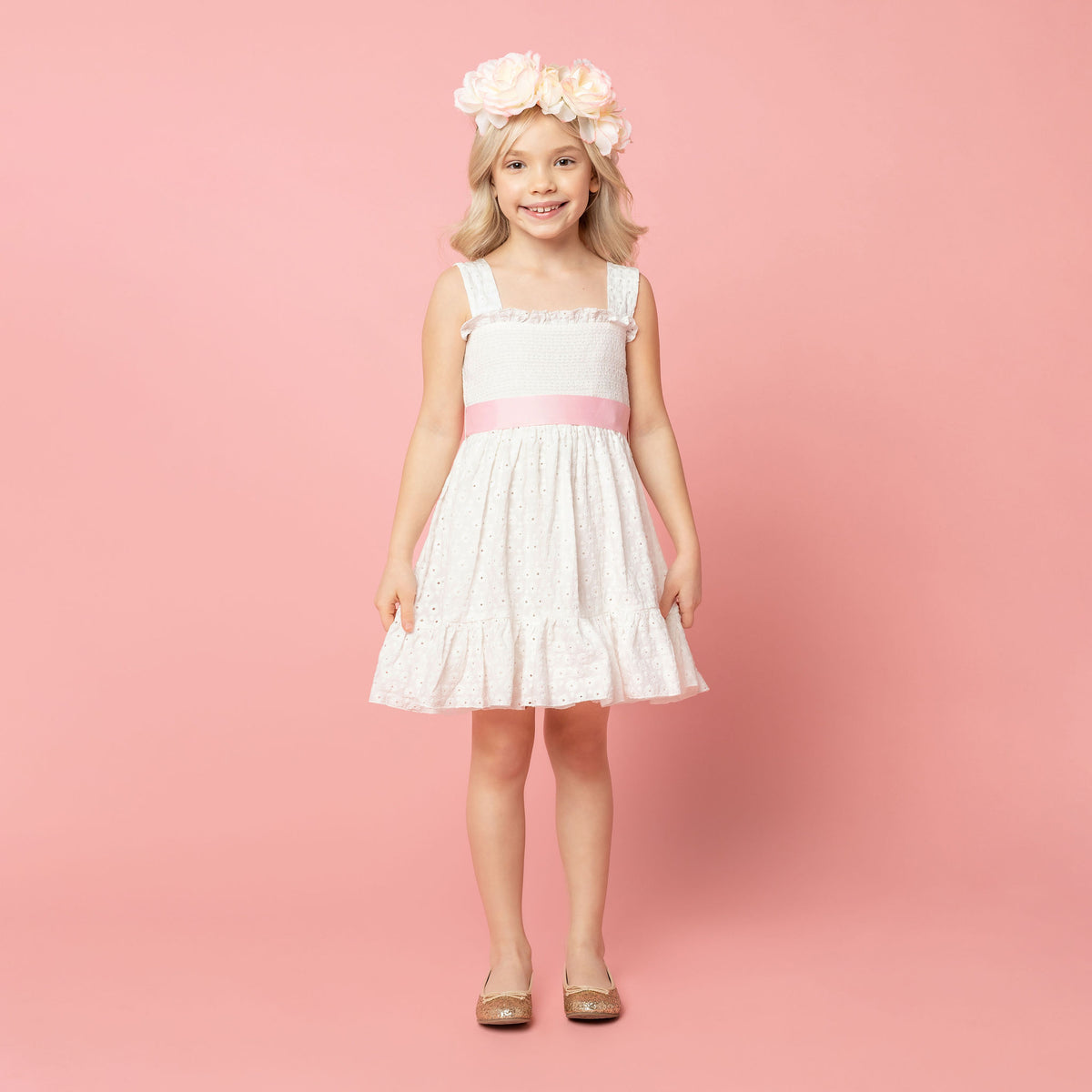 Emma Embroidered Cotton Flower Girls Dress, White & Pink | Holly Hastie London