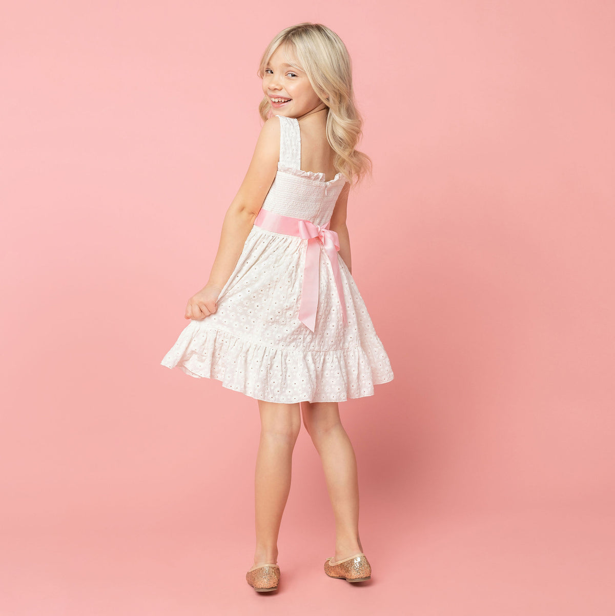 Emma Embroidered Cotton Flower Girls Dress, White & Pink | Holly Hastie London