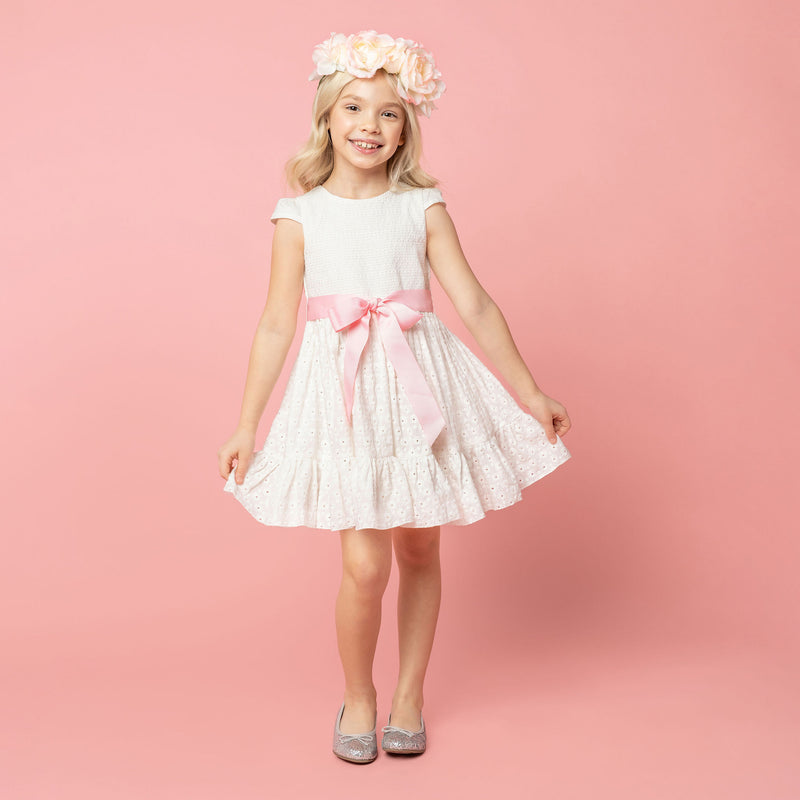 Olivia Embroidered Cotton Flower Girls Dress, White & Pink| Holly Hastie London