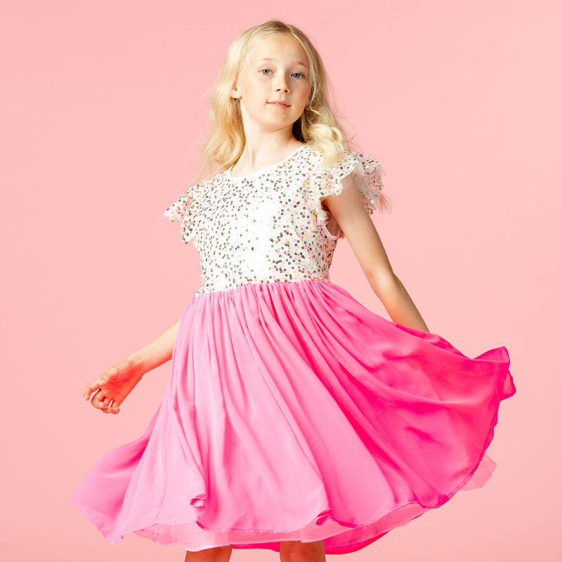 Girls Designer Shimmer Pink Sweetie Sequin Dress | Holly Hastie London 