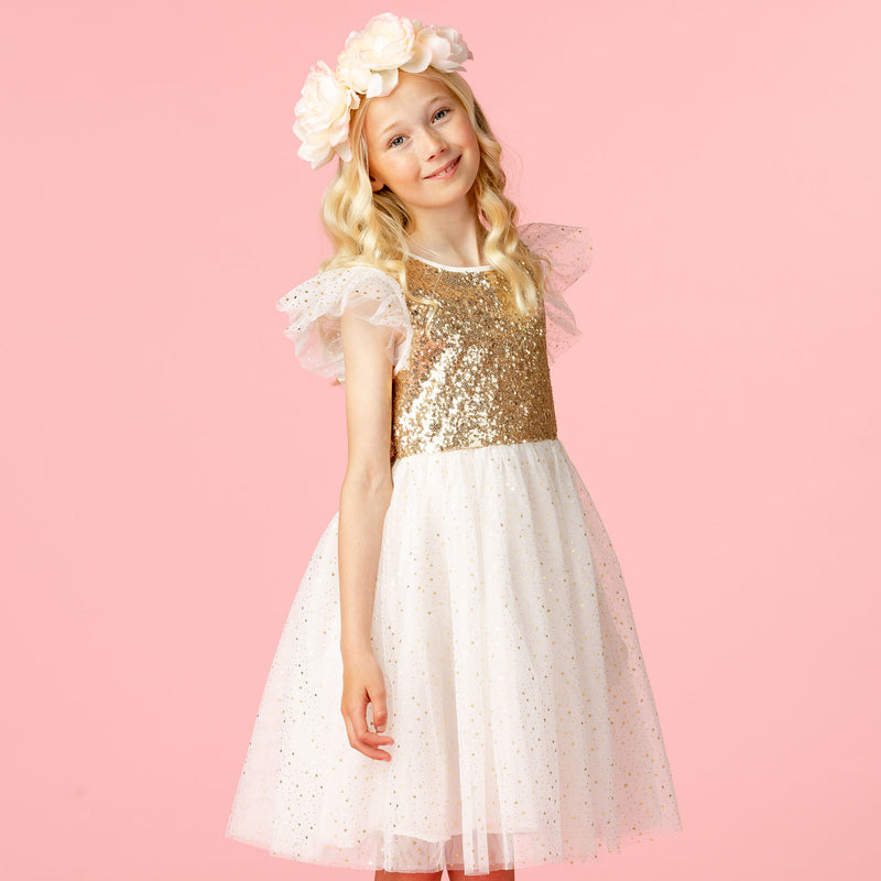 Girls Designer Party Dress Shimmer Gold & White Sequin & Star Tulle | Holly Hastie London