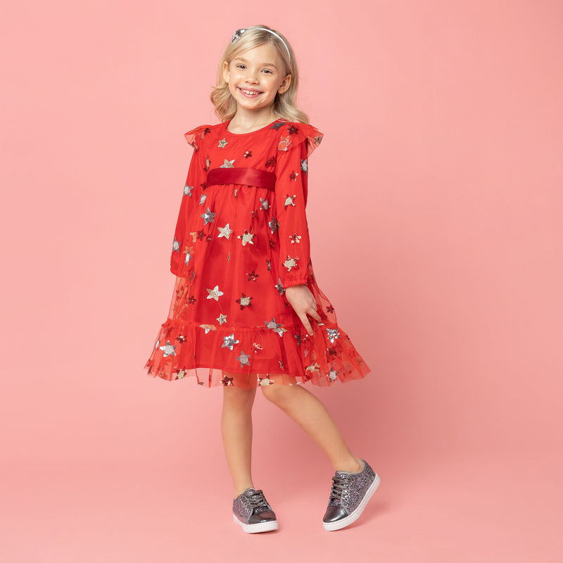 Seren Embroidered Sequin Star Girls Party Dress Red | Holly Hastie London